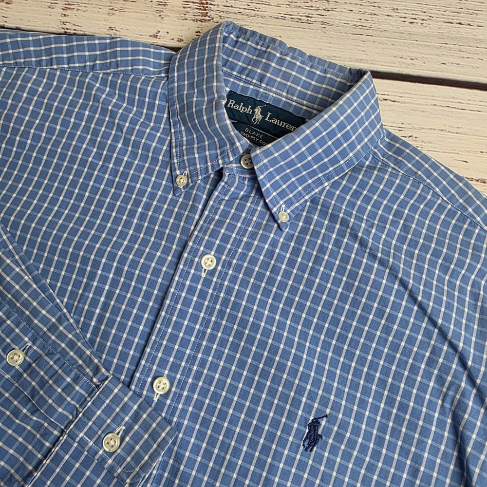Ralph Lauren Blake Mens Medium Blue White Check Button Down‎ Shirt Oversized